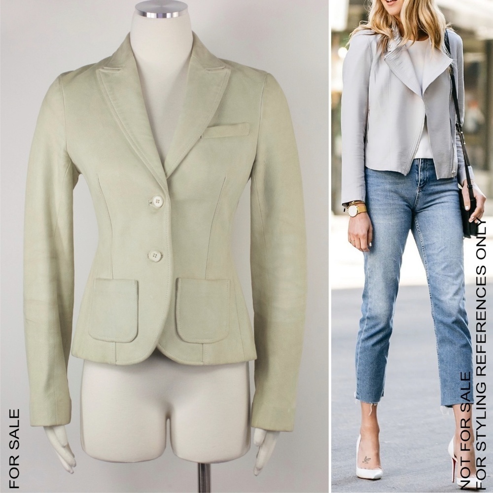 Theory Beige Yellow Leather Fitted Blazer Jacket 6